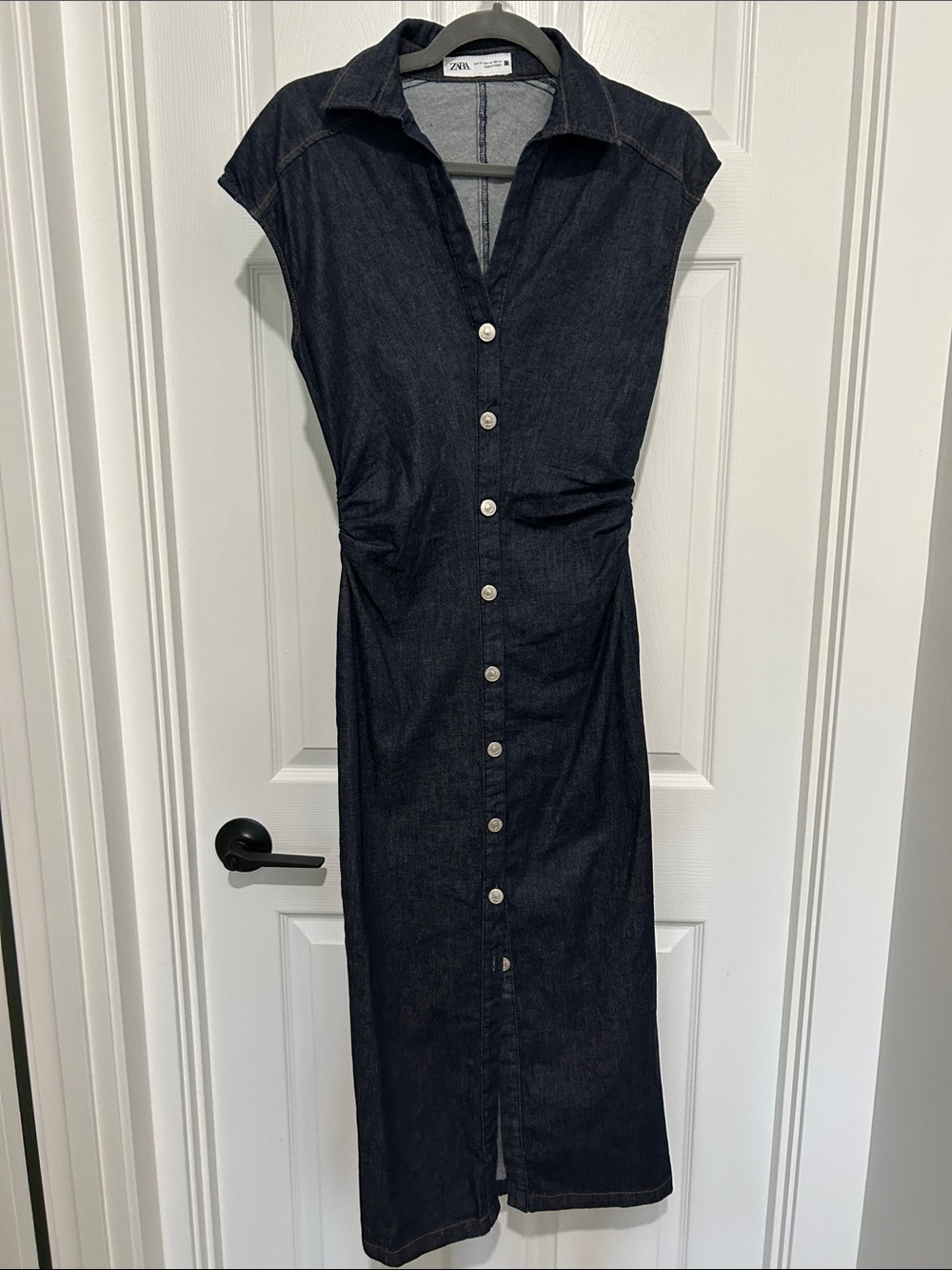 Zara Indigo Denim Button-Front Midi Dress